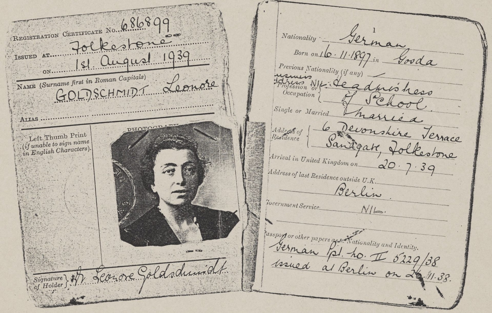Leonore Goldschmidt Registrierungskarte